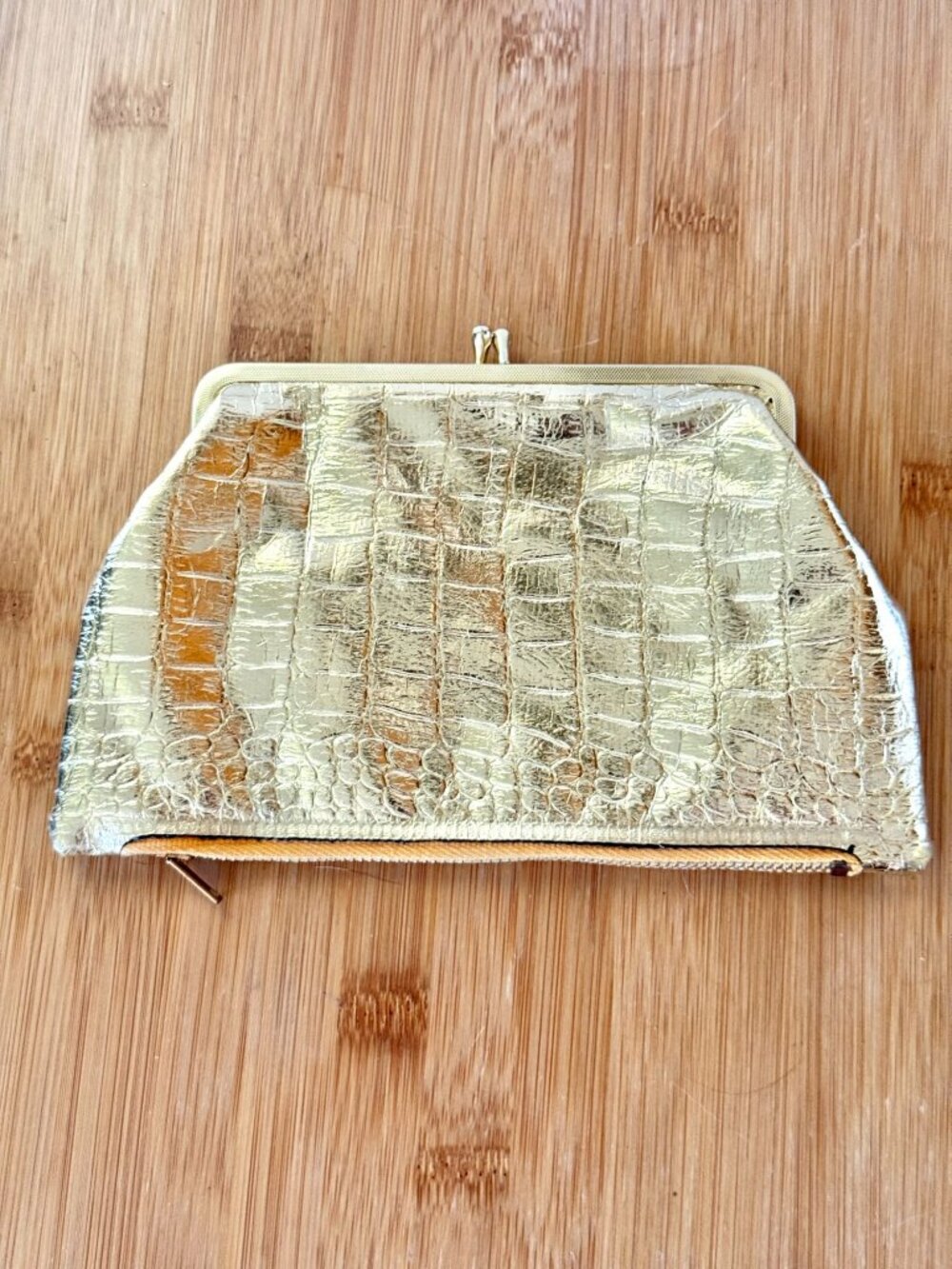 Vintage 1960s Gold Color Snap And Zipper Clutch